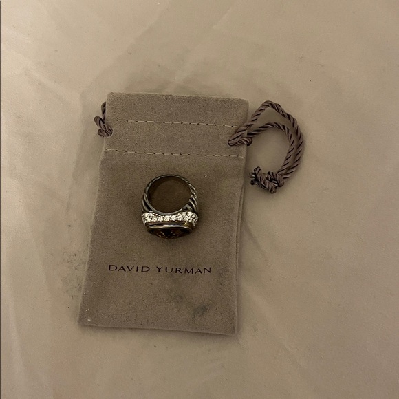 David Yurman Silver Ring with Diamonds Surrounding Smoky Quartz - Picture 2 of 7